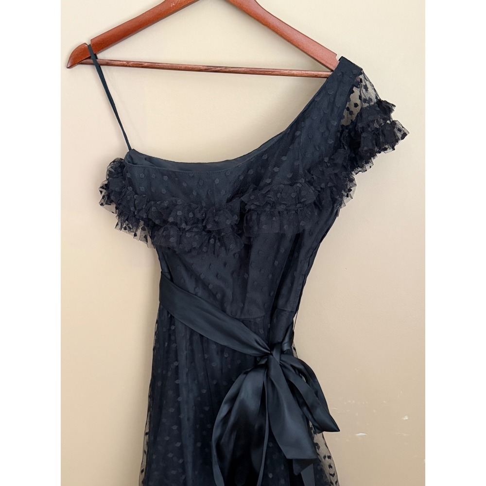 VTG 80s Black Swiss Tulle Dot One Shoulder Cocktail Dress Size 10 Whimsigoth - Picture 3 of 10